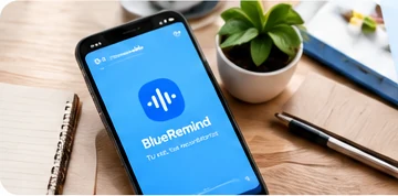 Teléfono con la app BlueRemind sobre un escritorio